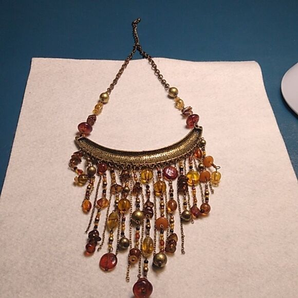 Elegant Gold and Brown Chain/Beaded Statement Necklace Boho Granny Chic - Picture 7 of 7